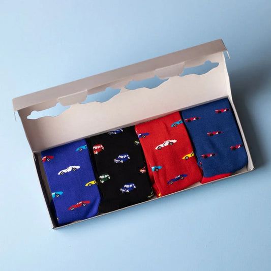 Racing Car Sock Box - 4 Pairs of Bamboo Socks (His) Sock Gift Box Swole Panda