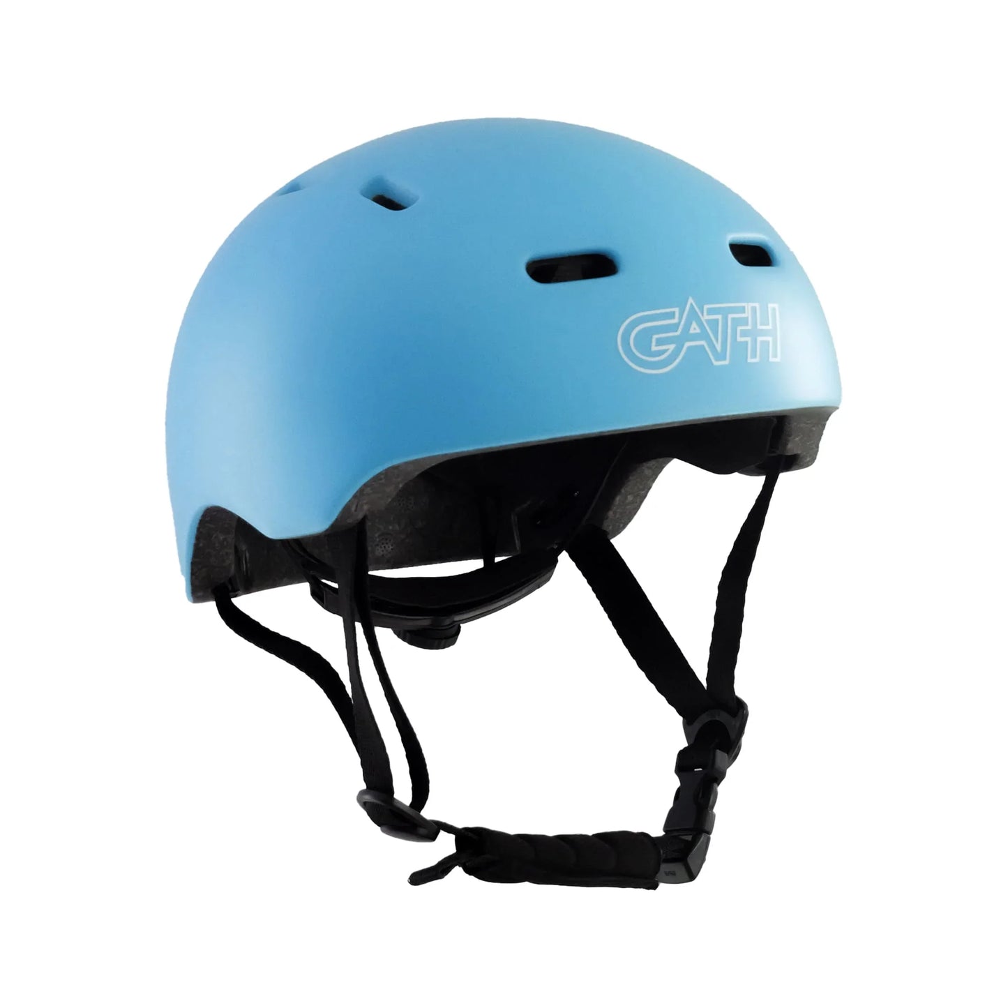 Blue surf helmet with ventilation holes, black adjustable straps, and GATH logo on side