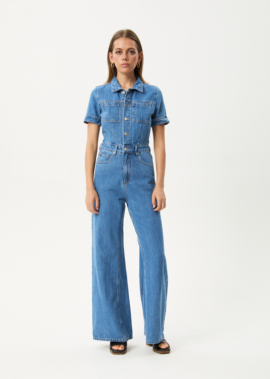 Afends Miami- Denim Flared Jumpsuit - worn blue ladies jump suit AFENDS