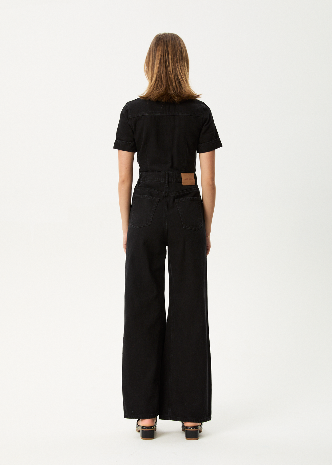 Afends Miami- Denim Flared Jumpsuit - worn blue ladies jump suit AFENDS