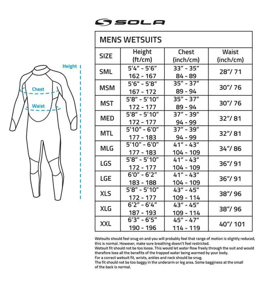 Sola Mens H2O Chest Zip 4/3mm Fullsuit Wetsuit Black/Melange - Bob Gnarly Surf