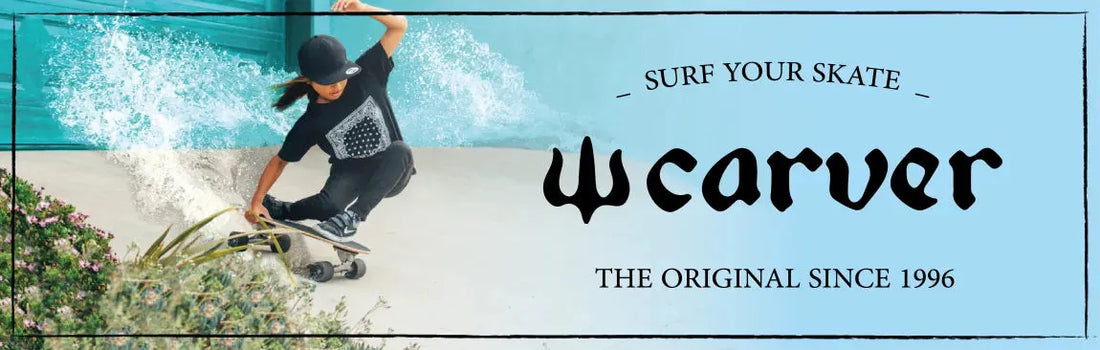 Young skateboarder carving on a ramp with Carver logo and surf skate branding