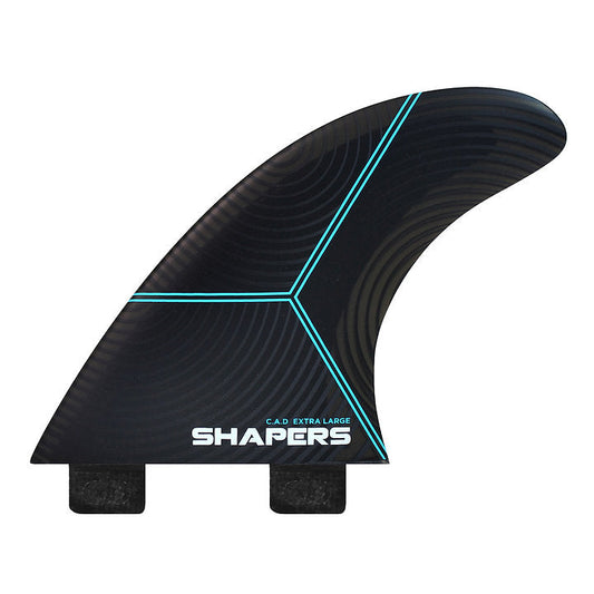 Black extra large Shapers surfboard fin with blue lines and dual tabs on white background