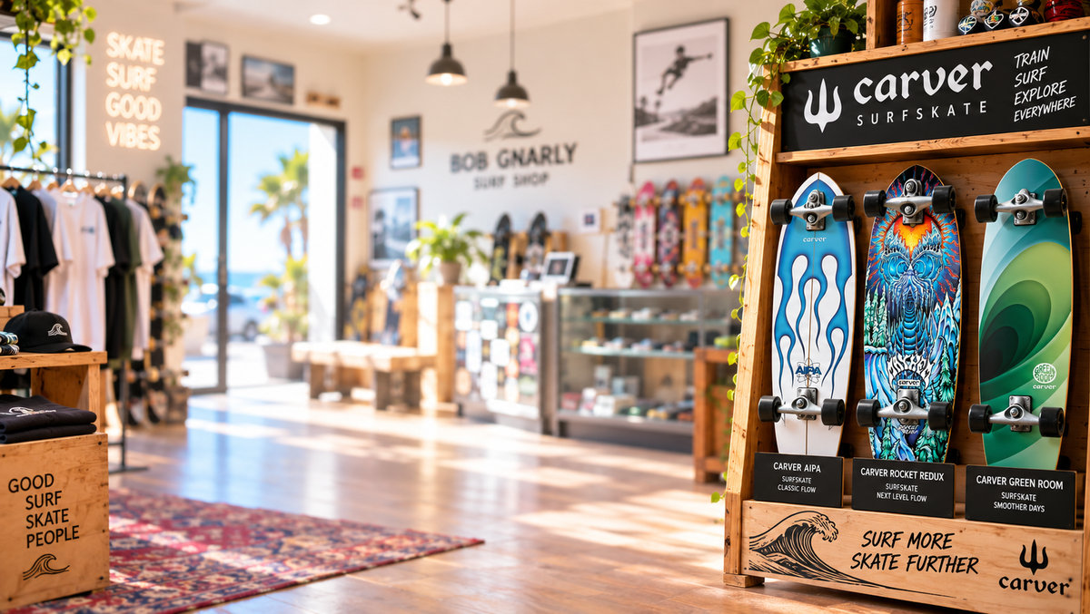 Two green Carver surf skateboards with yin yang design and palm tree graphics against graffiti wall