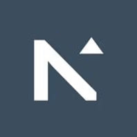 Modern minimalist logo with stylized white 'N' and triangle on dark blue background
