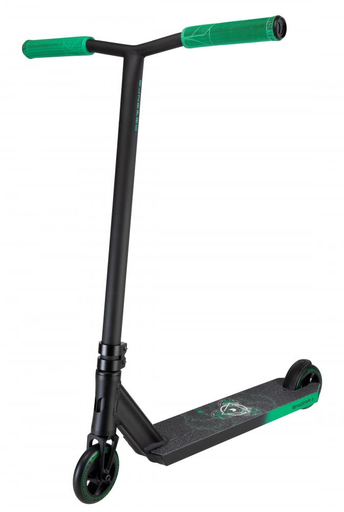 Black and green Blazar Pro stunt scooter with textured green grips and front wheel on white background