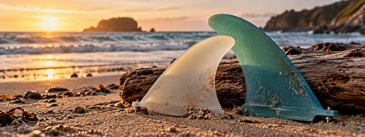 Bright green single surfboard fin displayed against vertical wooden panel background with Bob Gnarly Surf logo