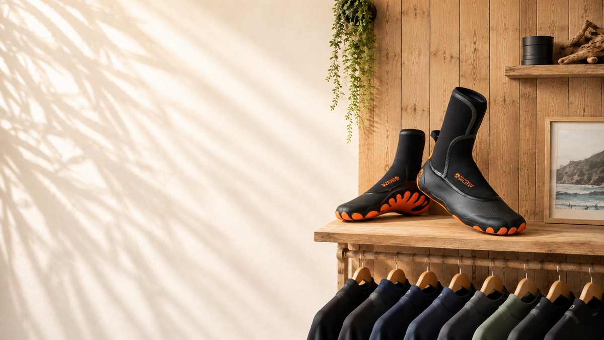 Black and orange wetsuit boots on wooden surface, featuring Solite logo and textured soles