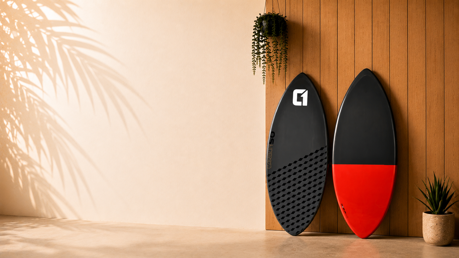 Gray Carver skimboard with logo and patterned tail on wooden planks background