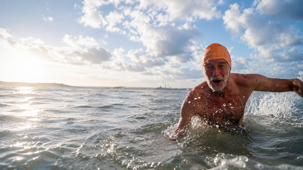 Senior man wearing orange swim cap swimming in ocean waves under a partly cloudy sky