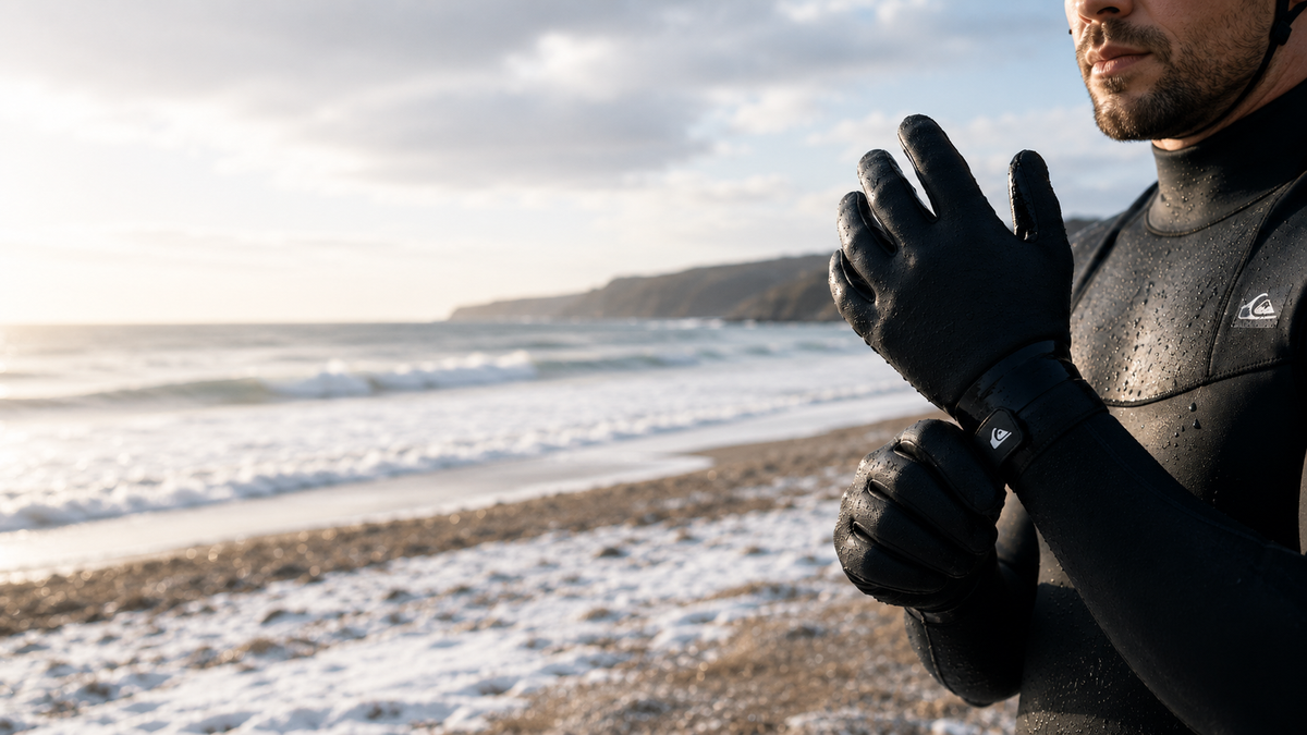 Pair of black wetsuit gloves on rustic wooden surface with textured palm and logo detail
