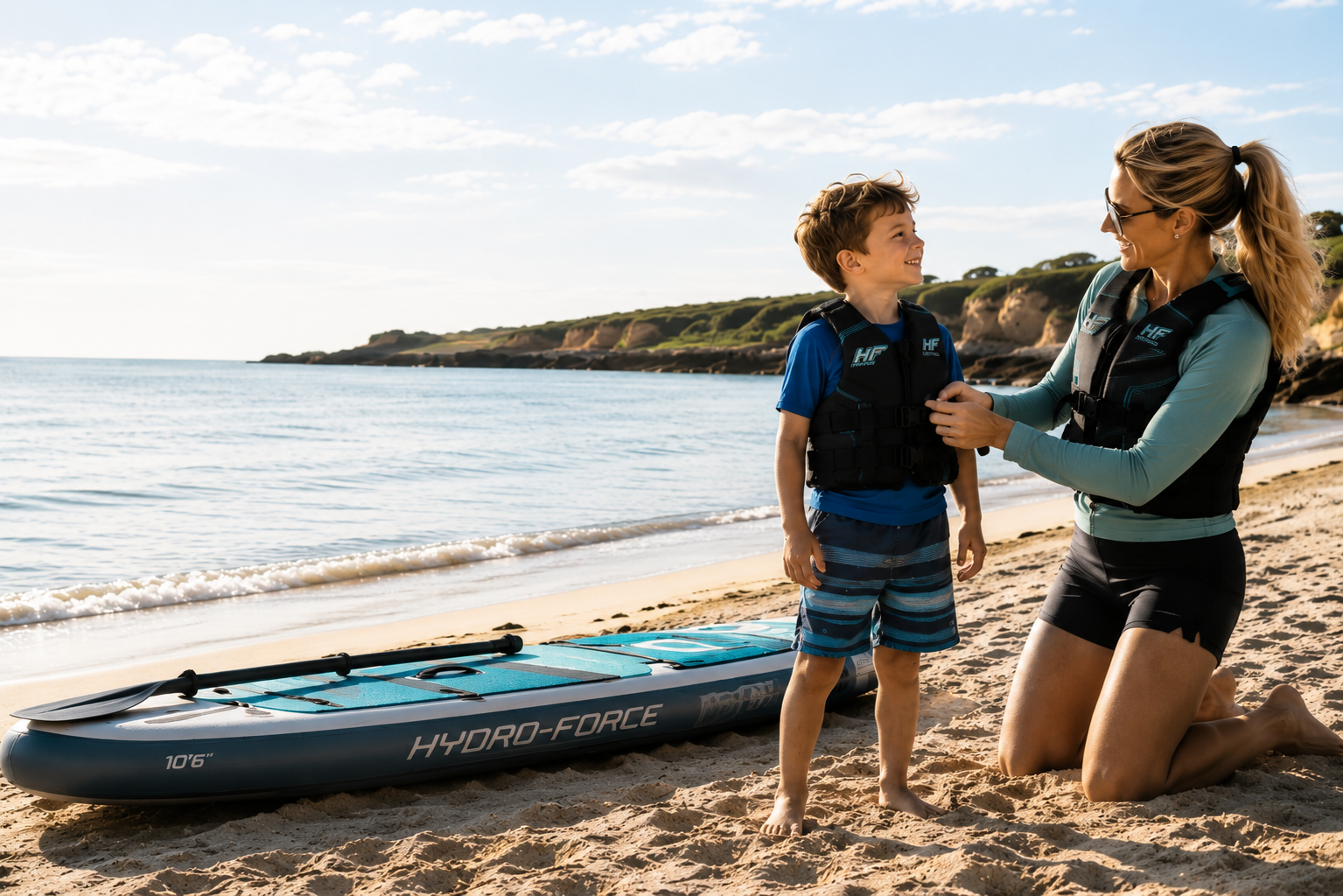 Red and blue life jackets with black adjustable straps and safety buckles for water sports