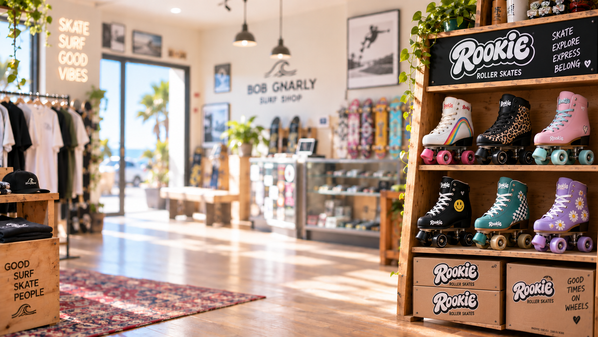 Retro-style quad roller skates with tie-dye pattern, brown suede, yellow laces, and blue wheels on gravel