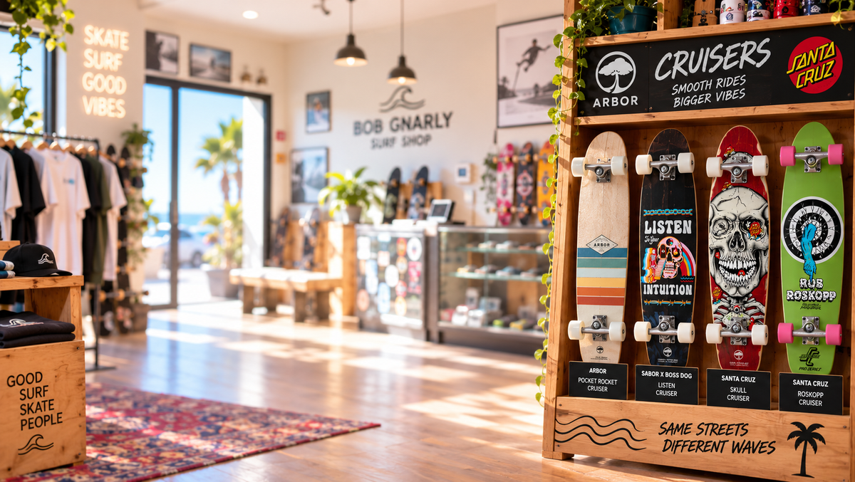 Wooden skateboard cruiser with transparent wheels on wooden floor, Bob Gnarly Surf logo