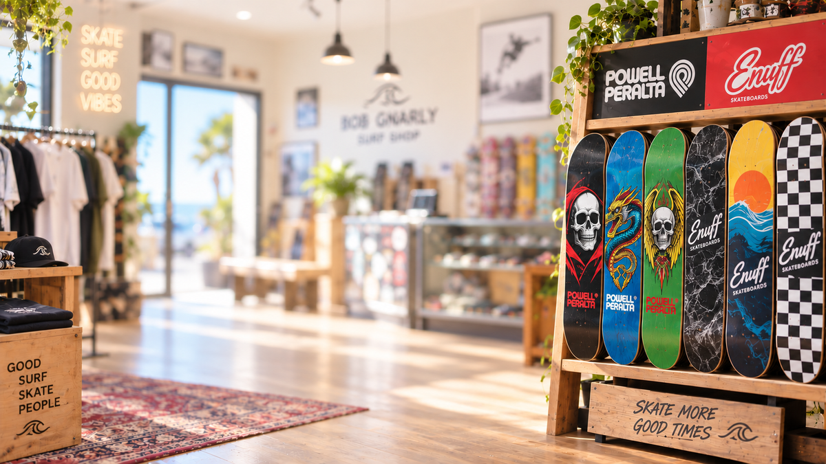 Double kick skateboard deck with geometric pattern in red, teal, beige, and gray tones and a small star logo