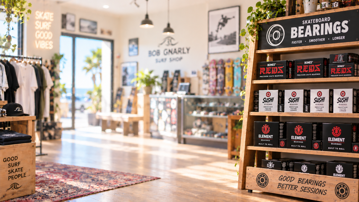 Bones Reds precision skate bearings with two silver and one red-sealed bearings on black packaging