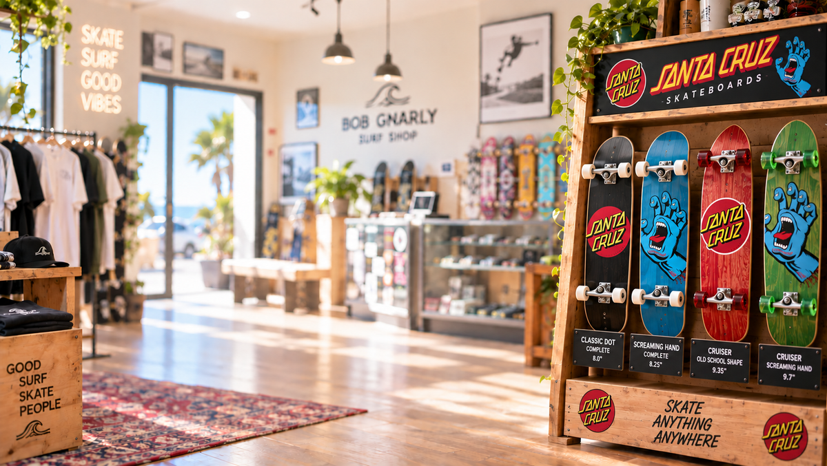 Santa Cruz Skateboards logo with bold yellow text on red oval background, wooden wall backdrop