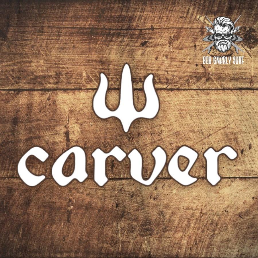 Carver logo in white text with trident symbol on rustic wooden background and Bob Gnarly Surf skull logo