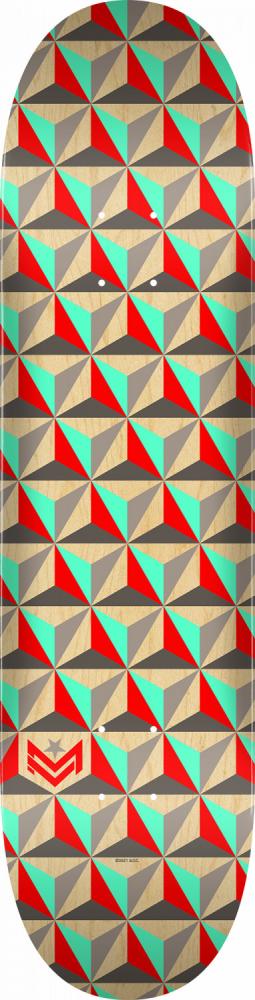 Double kick skateboard deck with geometric pattern in red, teal, beige, and gray tones and a small star logo