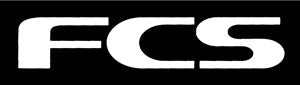 FCS logo in bold white letters on black background, representing surf gear brand