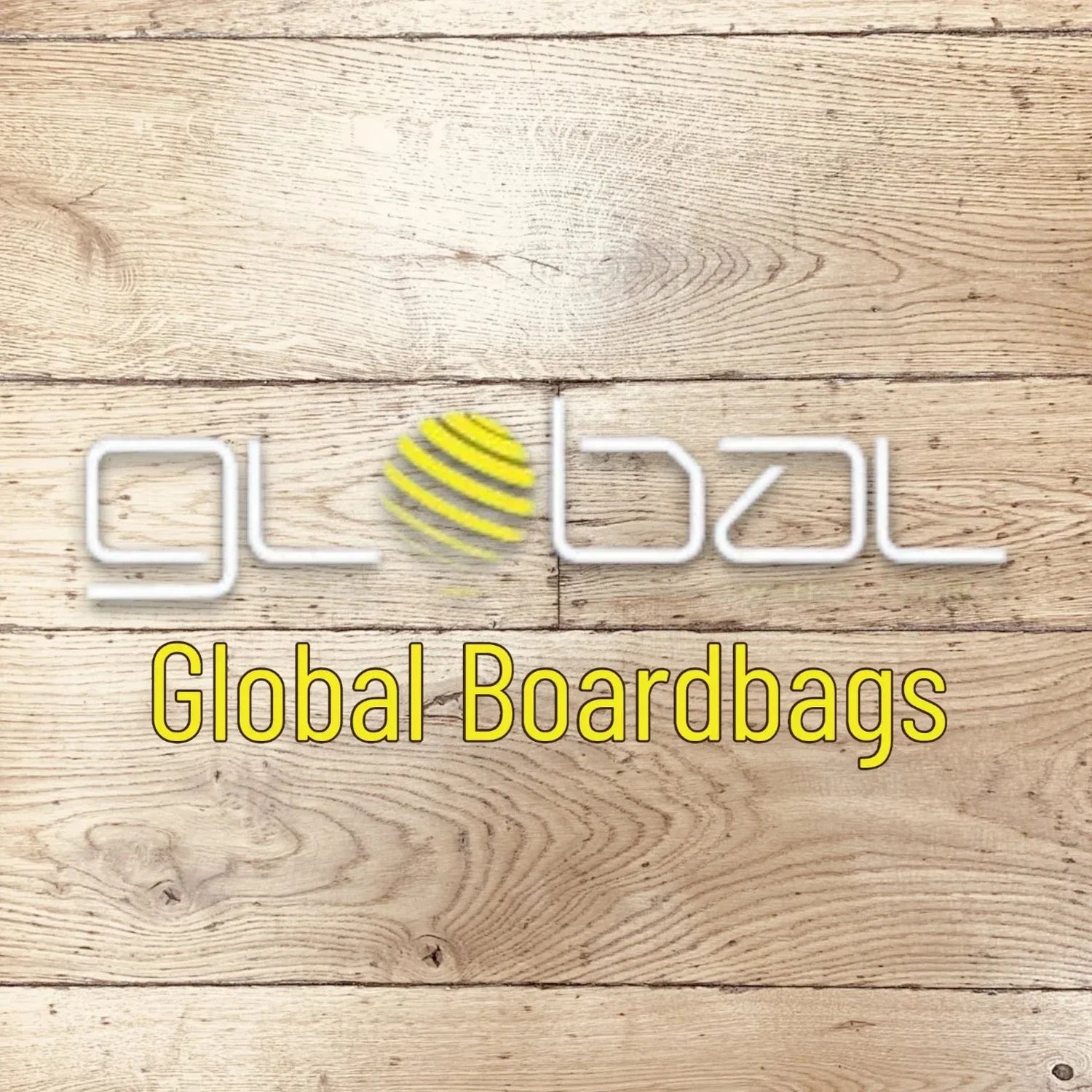 Global Boardbags logo with yellow globe icon on light wood background