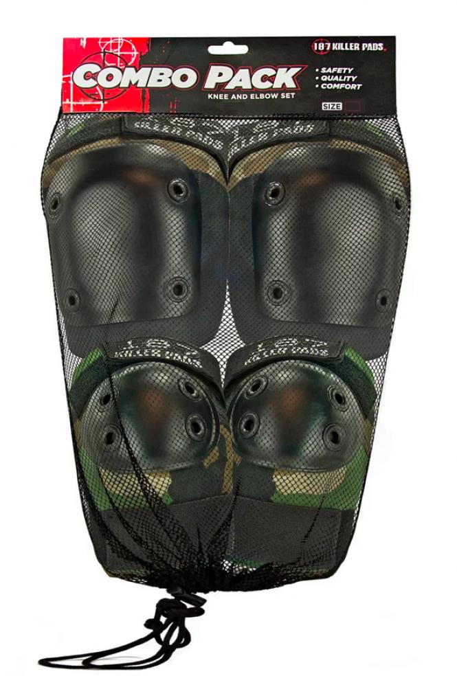 187 Killer Pads combo pack with black knee and elbow protective pads in mesh bag for safety and comfort
