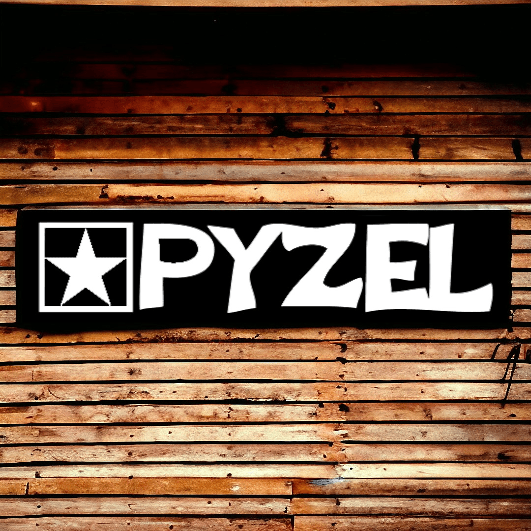 Pyzel surfboards logo with star icon on black sign against rustic wooden plank wall