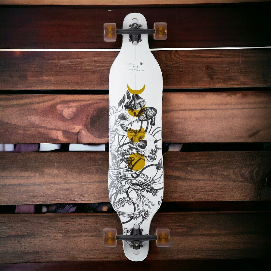 White longboard skateboard with skeleton and moon phases graphic on wooden deck background