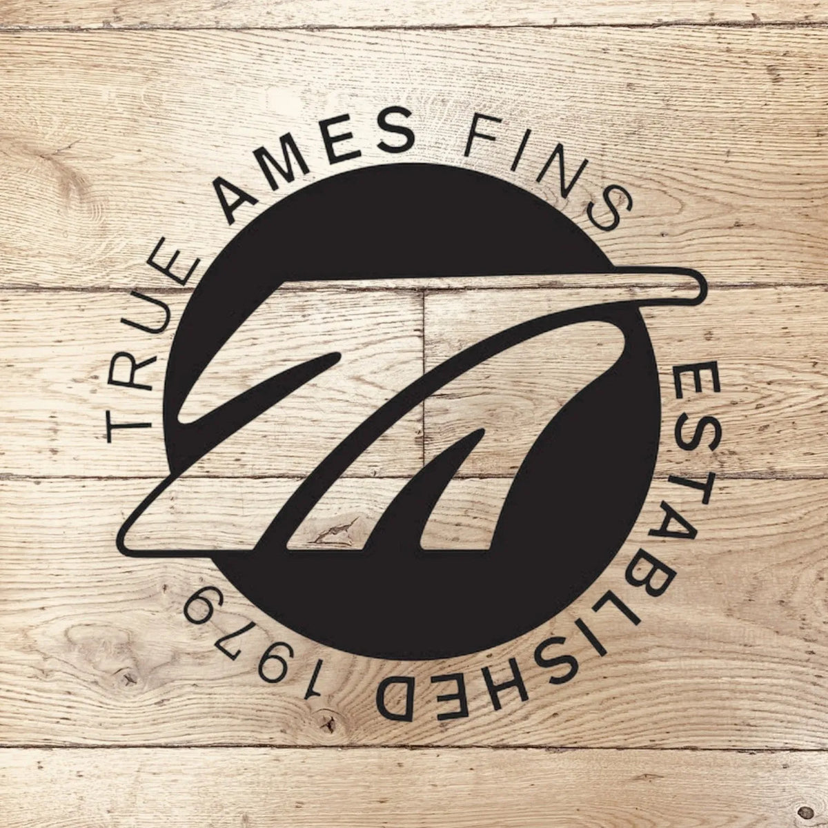 True Ames Fins logo with stylized fin design on light wood surface, established 1979