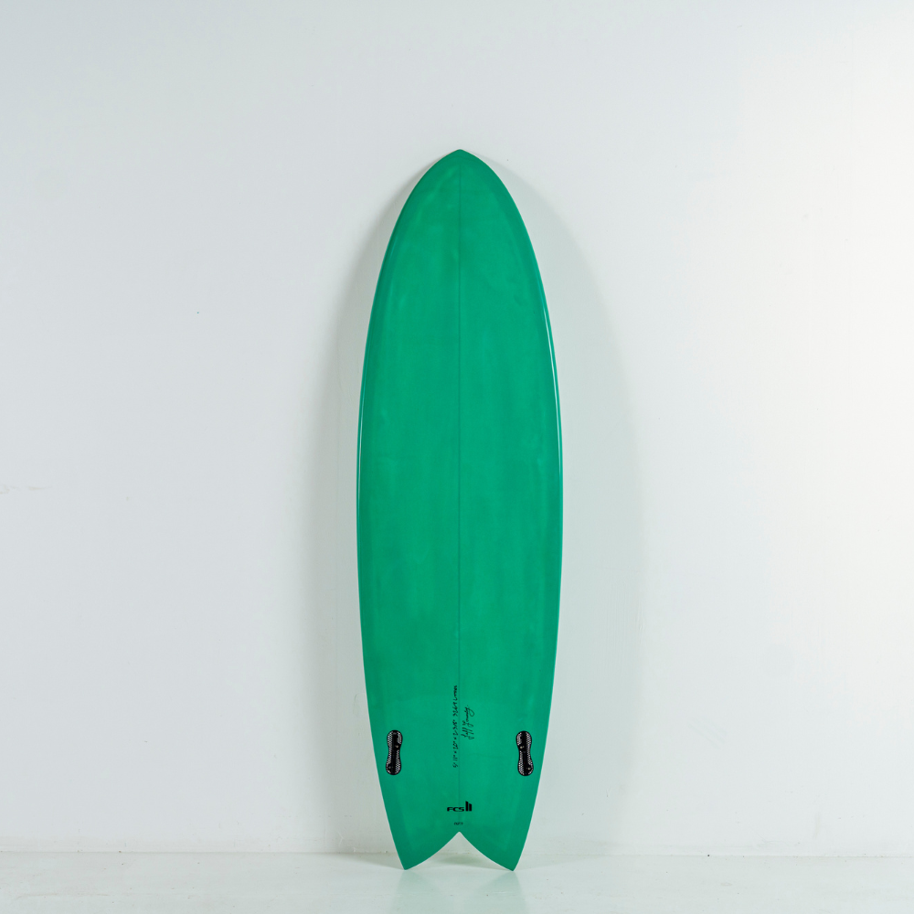 5' 11" Heritage Twin Keel Fish in Gloss Tint Surfboard Circle One Surf Bottle Green