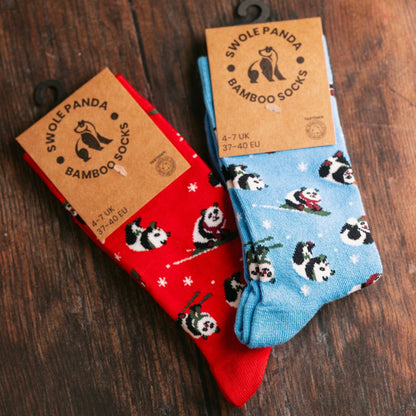 Red Skiing Panda Bamboo Socks Socks Swole Panda