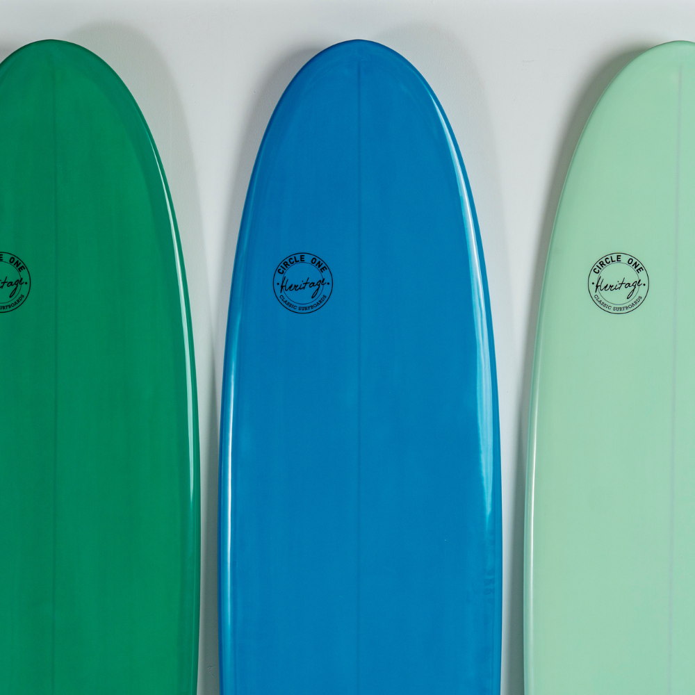 7' 6 Heritage Retro Mini Mal Surfboard in Gloss Tint Mid Length Mini Mal Circle One Surf