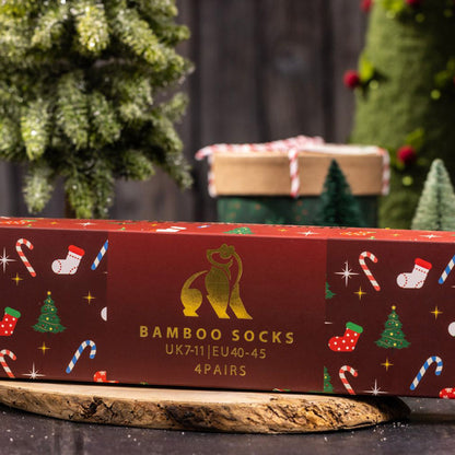 Red Christmas Drawer Box - 4 Pairs of Bamboo Socks (His) Sock Gift Box Swole Panda