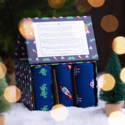 Outer Space Sock Box - 3 Pairs of Bamboo Socks (His) Sock Gift Box Swole Panda