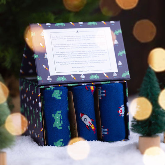 Outer Space Sock Box - 3 Pairs of Bamboo Socks (His) Sock Gift Box Swole Panda