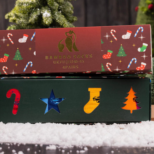 Red Christmas Drawer Box - 4 Pairs of Bamboo Socks (His) Sock Gift Box Swole Panda UK 7-11 (US 8-12 / EU 40-47)