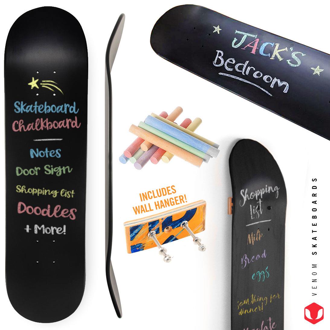 Venom Skateboards Kids Matt Black Chalkboard / Message Board / Bedroom Door Sign Skateboard Deck With Chalk Pack art kit, Deck Venom Skateboards