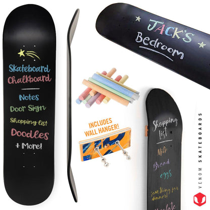 Venom Skateboards Kids Matt Black Chalkboard / Message Board / Bedroom Door Sign Skateboard Deck With Chalk Pack art kit, Deck Venom Skateboards