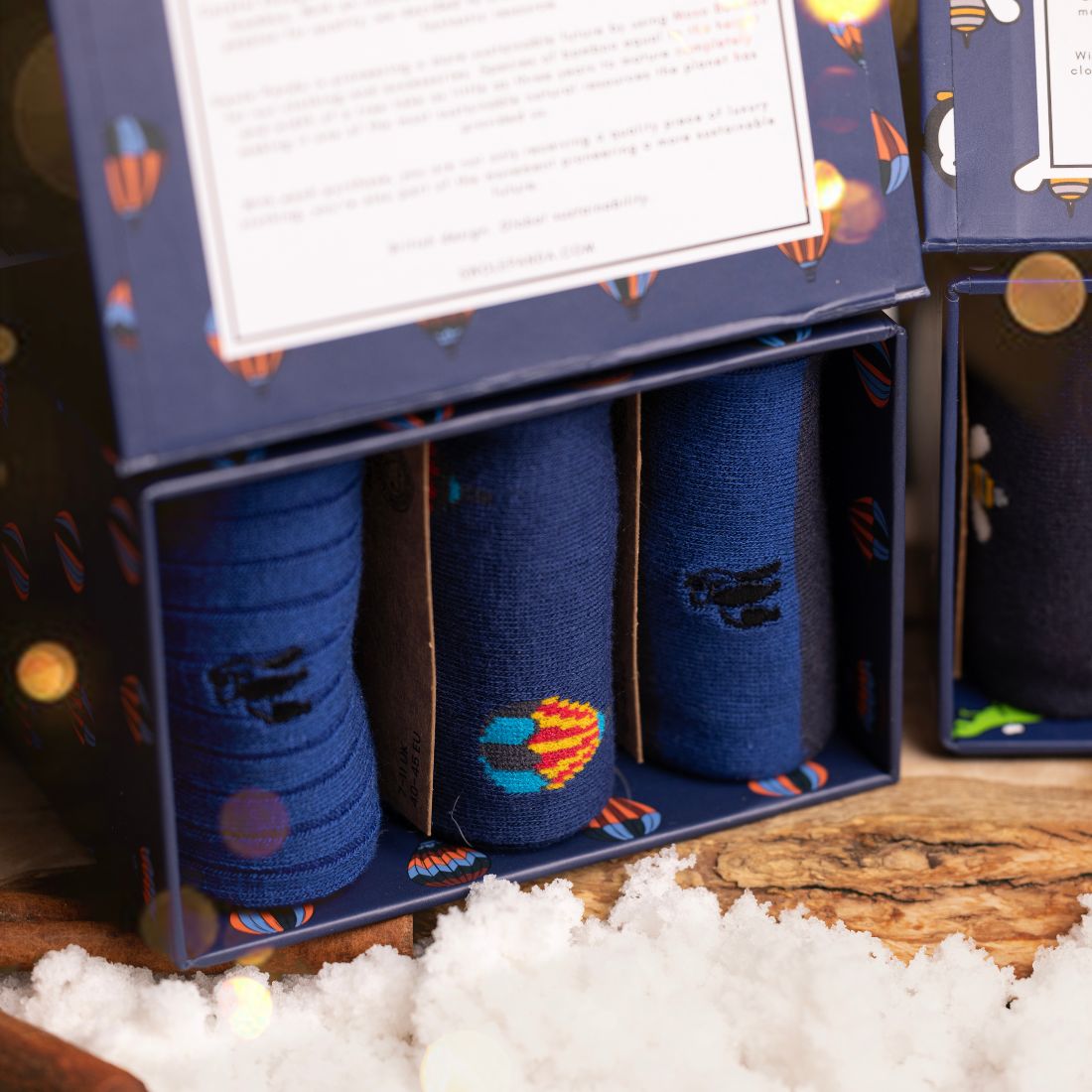 Hot Air Balloon Sock Box - 3 Pairs of Bamboo Socks (His) Sock Gift Box Swole Panda