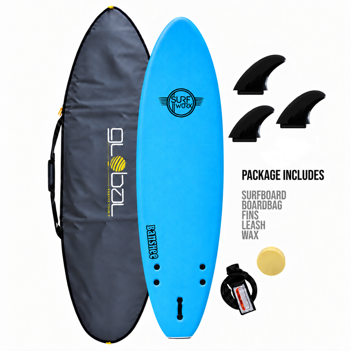 Surfworx Banshee Mini Mal Surfboard 6ft 0 Navy Blue Beginner Package Bundle