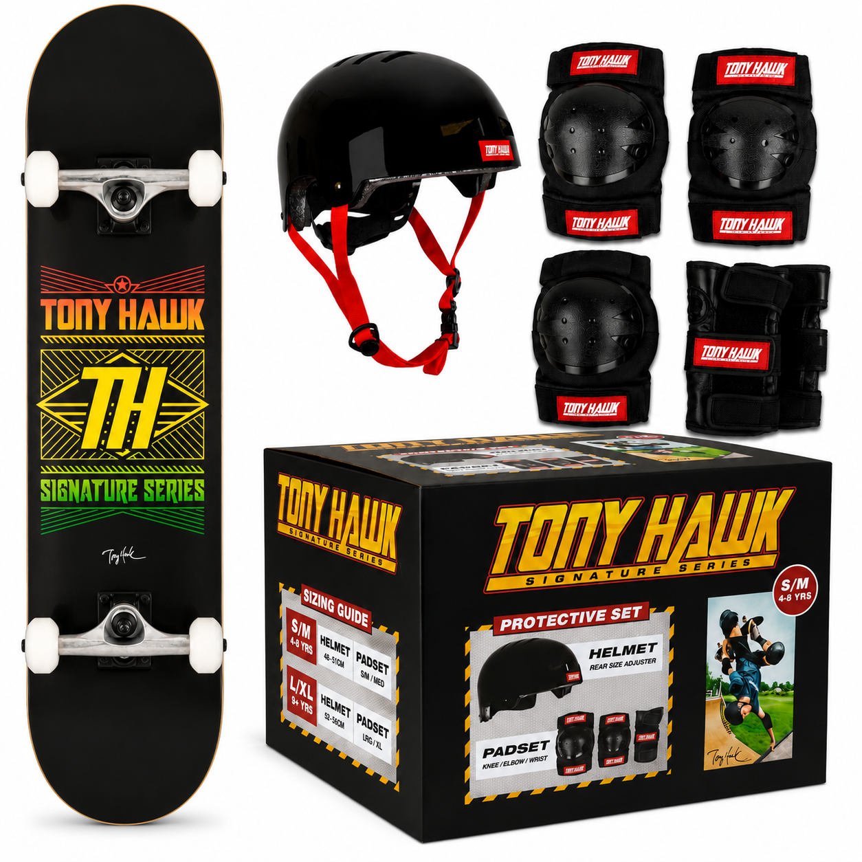 Tony Hawk SS180 Complete Stacked Logo Skateboard + Protective Gear Combo