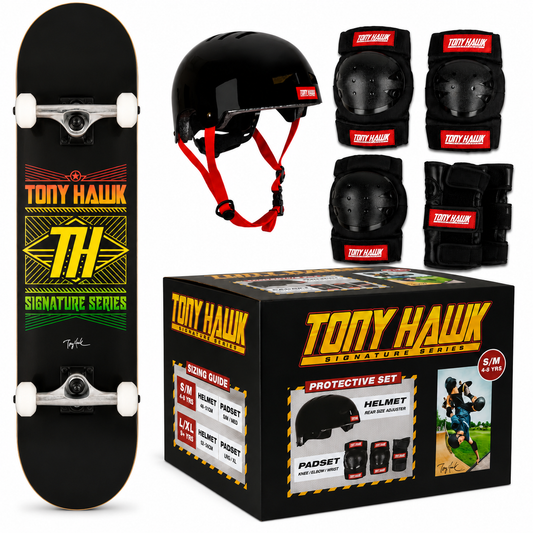 Tony Hawk SS180 Complete Stacked Logo Skateboard + Protective Gear Combo