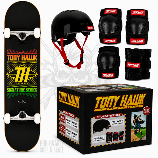 Tony Hawk SS 180 Complete Stacked Logo Skateboard + Protective Gear Combo Bob Gnarly Surf S/M (4-8 Years)