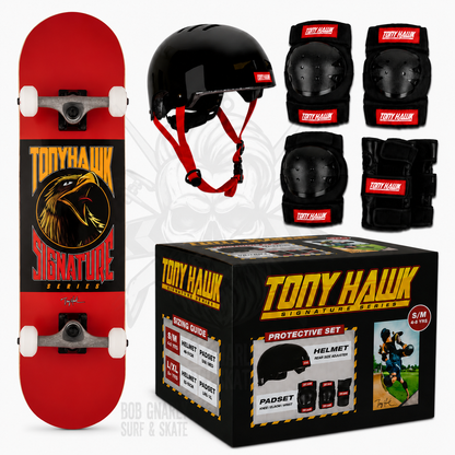 Tony Hawk SS 180 Complete Bird Logo Skateboard + Protective Gear Combo