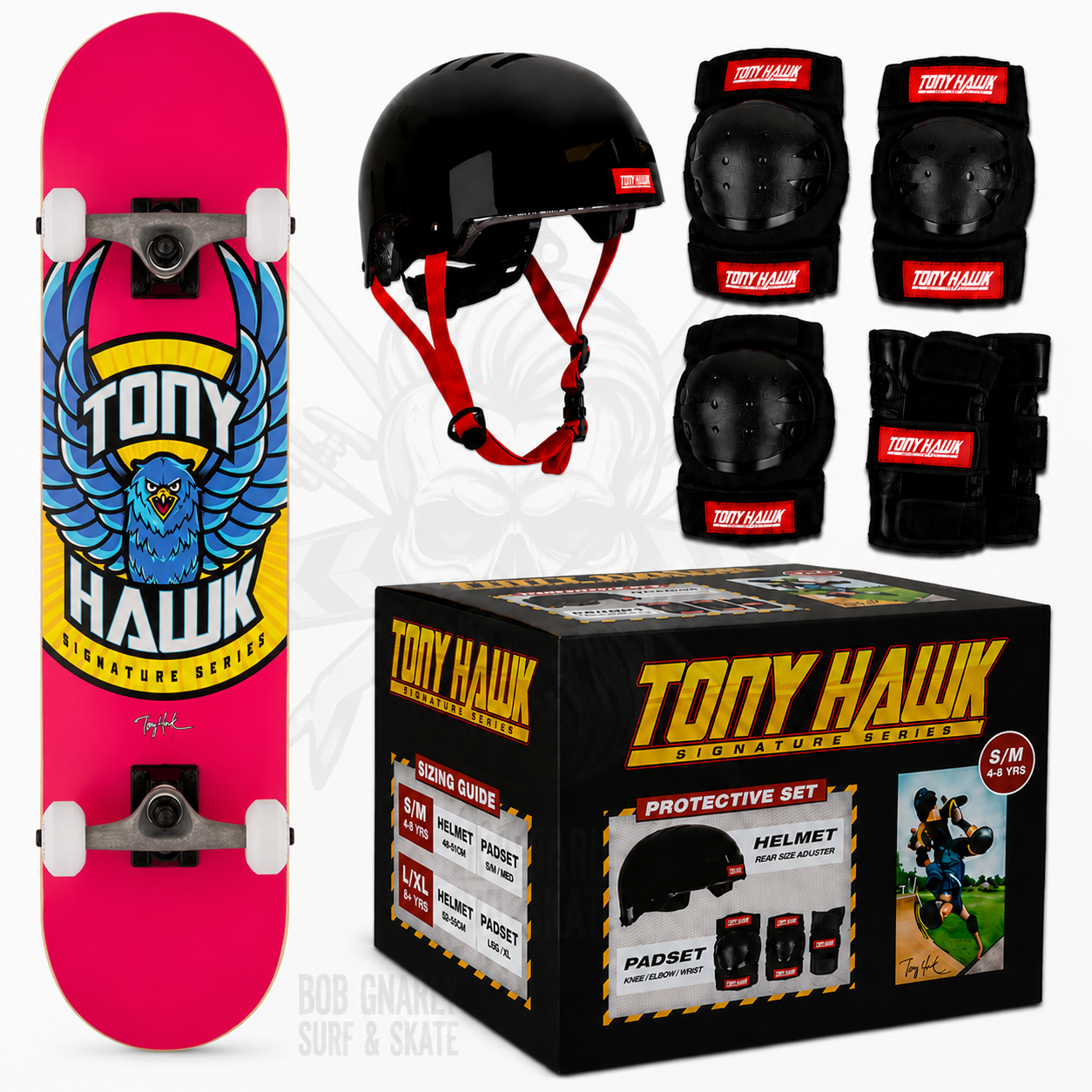 Tony Hawk SS 180 Complete Eagle Logo Skateboard + Protective Gear Combo