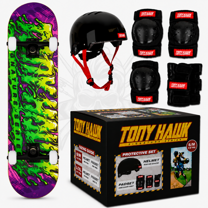 Tony Hawk SS 540 Complete Slime Skateboard + Protective Gear Combo