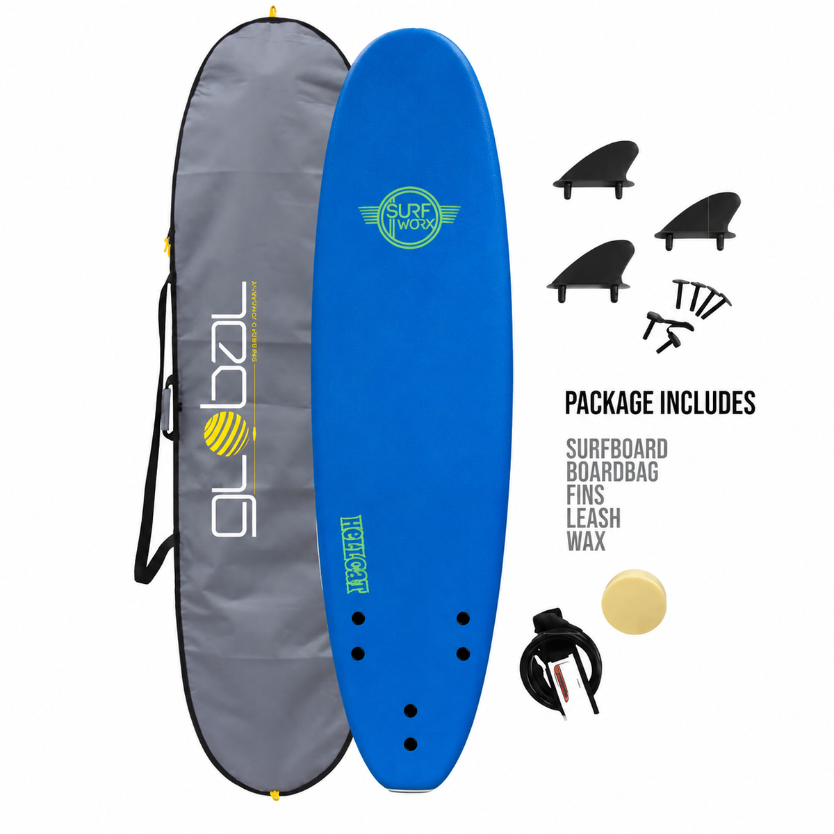 Surfworx Hellcat Mini Mal Foam surfboard 7ft 6 Blue Package 7'6 Surfboard Surfworx