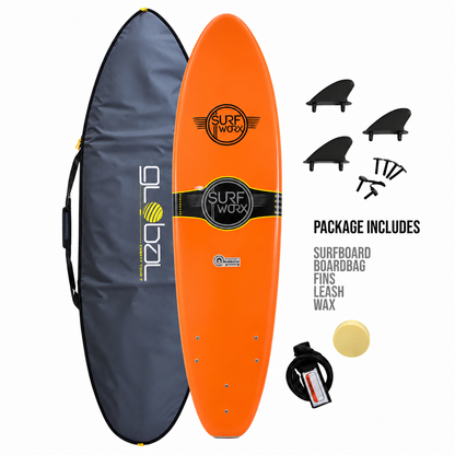 Surfworx Base Mini Mal Surfboard 6ft 0 Orange Beginner Package Bundle