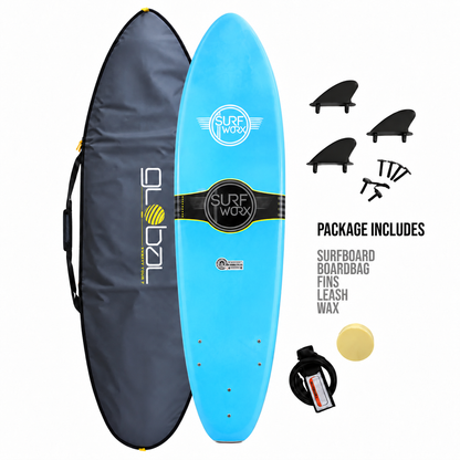 Surfworx Base Mini Mal Surfboard 6ft 0 Azure Blue Beginner Package Bundle