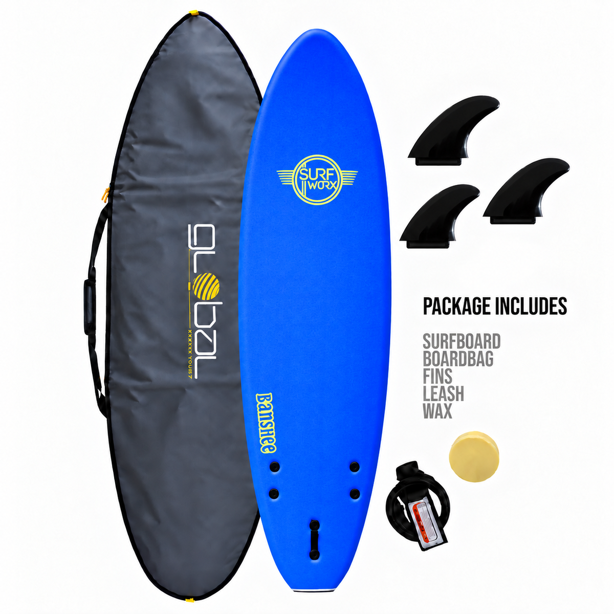 Surfworx Banshee Mini Mal Surfboard 6ft 6 Navy Blue Beginner Package Bundle